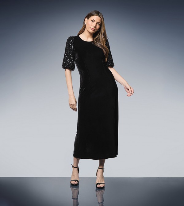 Sequined Puff Sleeves Velvet Tie Back Midi Dress