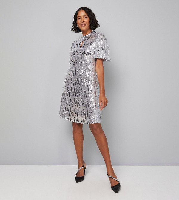 Sequined High Neck Shift Mini Party Dress