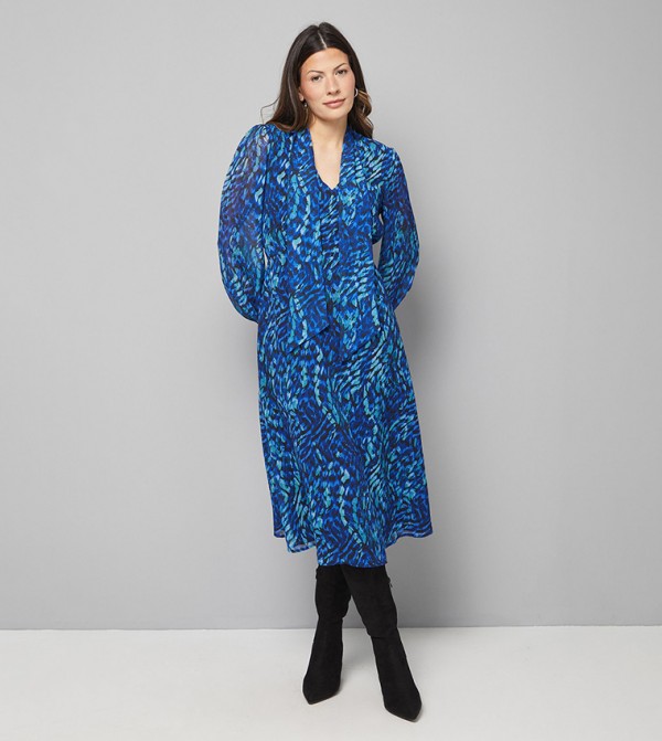 Abstract Print Woven Tie Neck Midi Dress