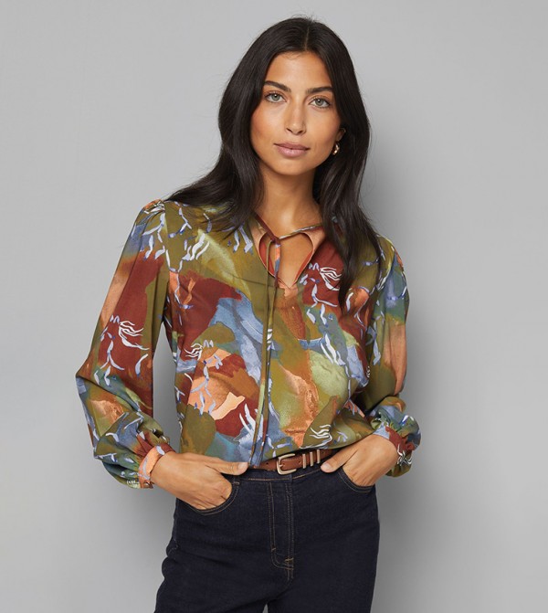 Abstract Print Long Sleeves Tie Top