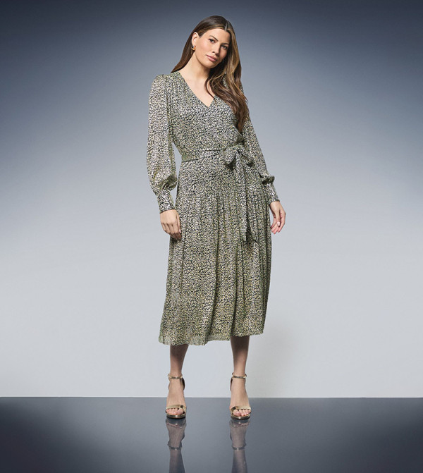 Animal Print Metallic Tie Waist Midi Dress