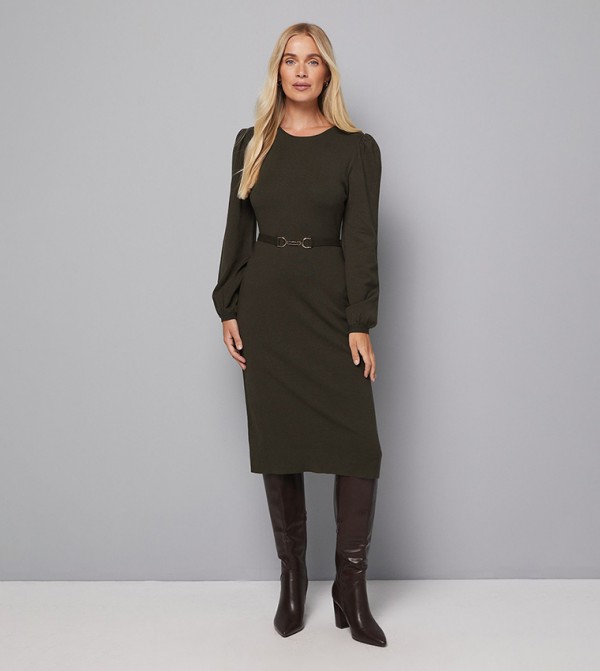 فستان محبوك بحزام وكم بالون للمقاسات الصغيرة