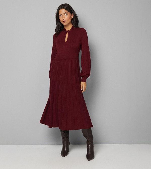 Twist Neck Keyhole Pleated Midi Dress
