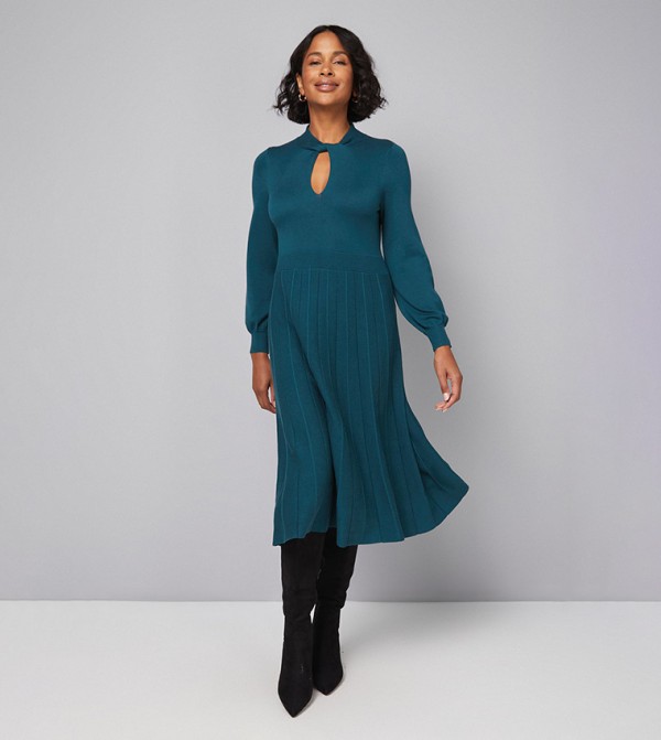 Petite Twist Neck Keyhole Pleated Midi Dress