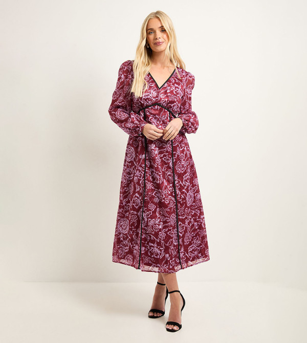 Petite Floral Jacquard Seam Detail Midi Dress
