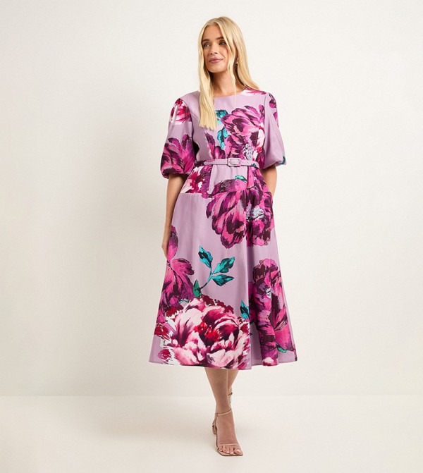 Petite Floral Print Twill Belted Midi Dress