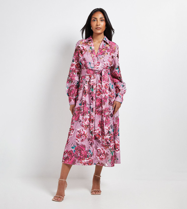 فستان ميدي بطبعة وحزام للمقاسات الصغيرة 