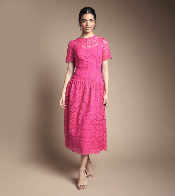 Lace Button Detail Drop Hem Midi Dress