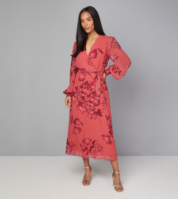 Floral Print Wrap Belted Midi Dress