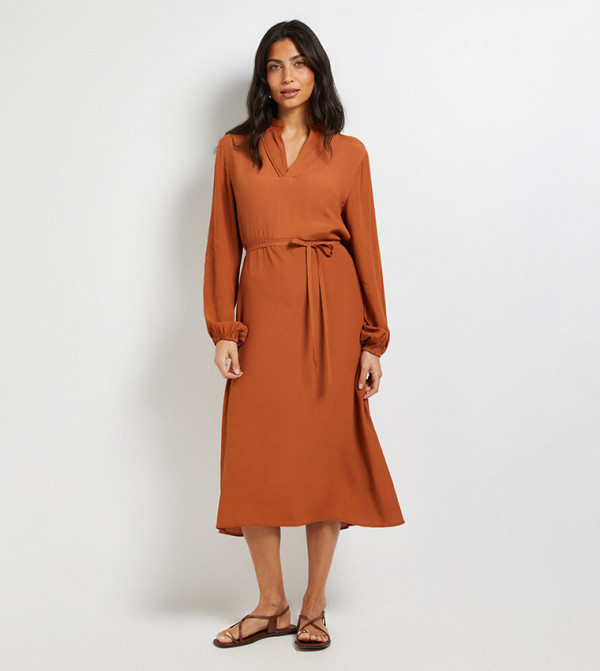 Viscose Seam Detail Collarless Midi Dress