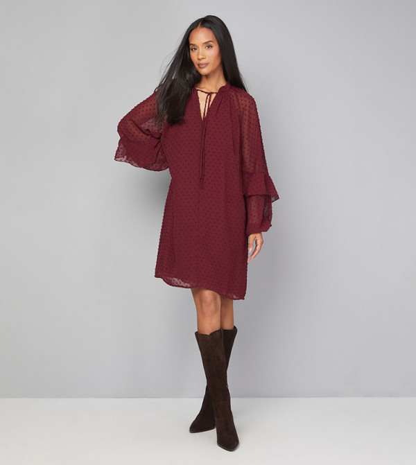 Dobby Ruffle Sleeves Shift Dress