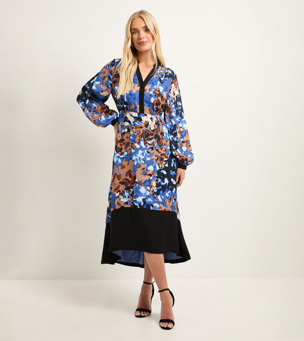 Petite Floral Print Belted Contrast Midi Dress