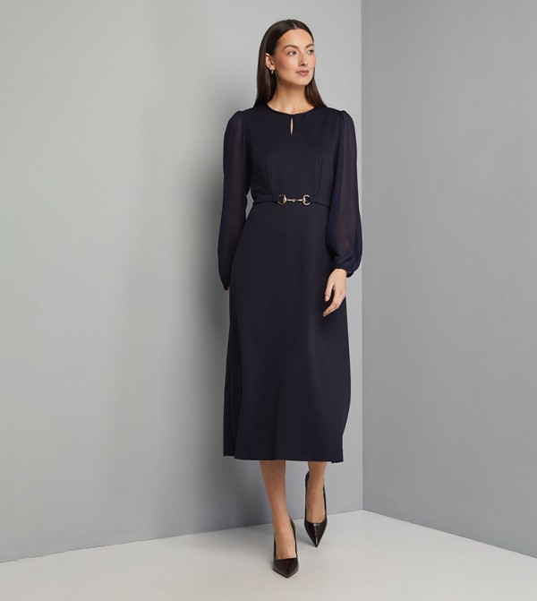 Ponte A-line Midi Dress with Chiffon Sleeves
