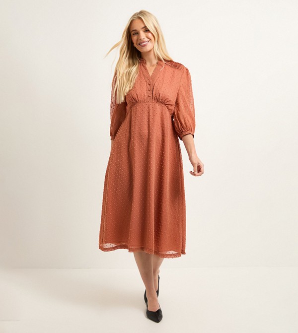 Petite Dobby Pleat Detail Button Midi Dress