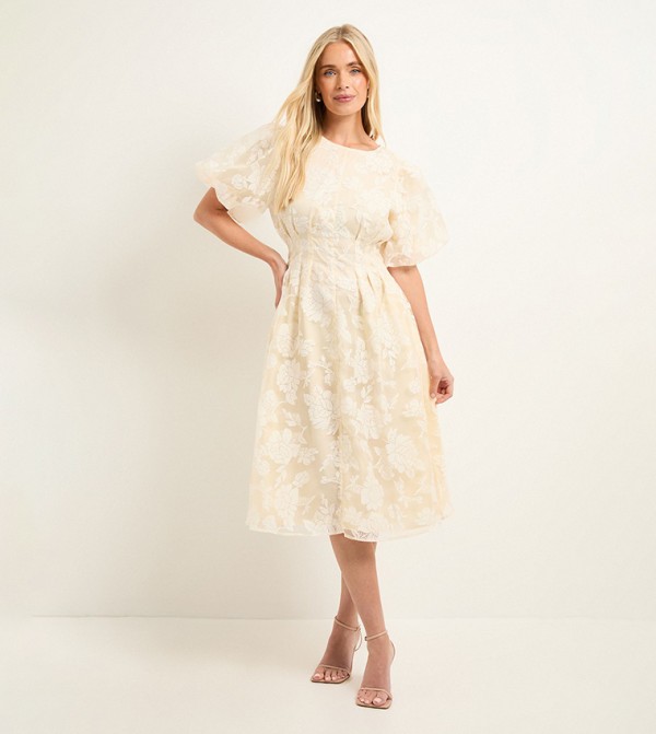 Petite Floral Burn Out Puff Sleeves Midi Dress