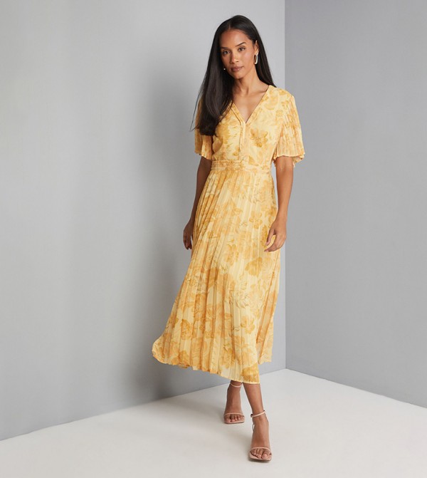 Floral Print Chiffon Pleated Sleeves Midi Dress