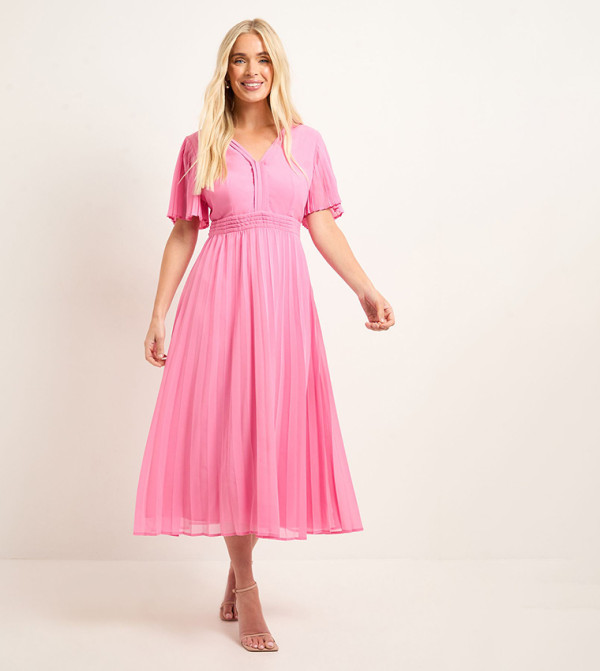 Petite Chiffon Pleated Sleeves Midi Dress