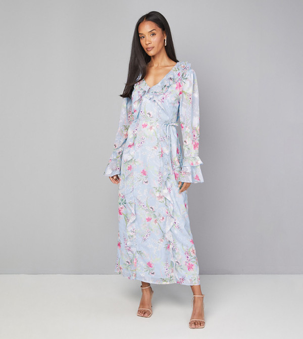 Floral Print Ruffle Belted Midaxi Dress