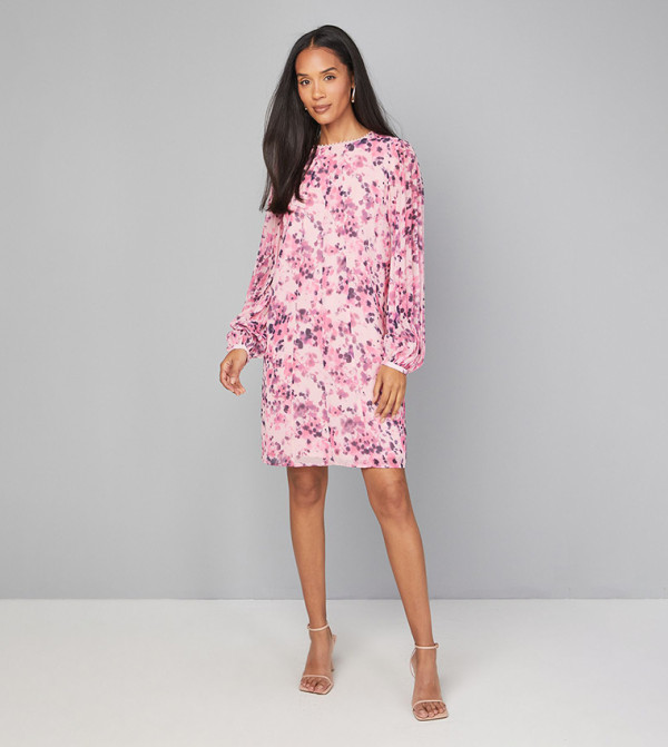 Printed Pleated Sleeves Lace Trim Shift Mini Dress