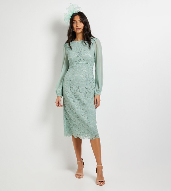 Lace Chiffon Cowl Back Pencil Midi Dress