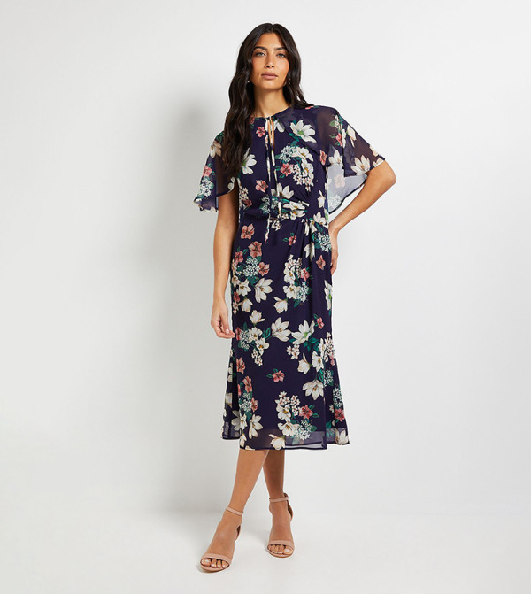 Printed Cape Sleeves Ruched Midi Dress