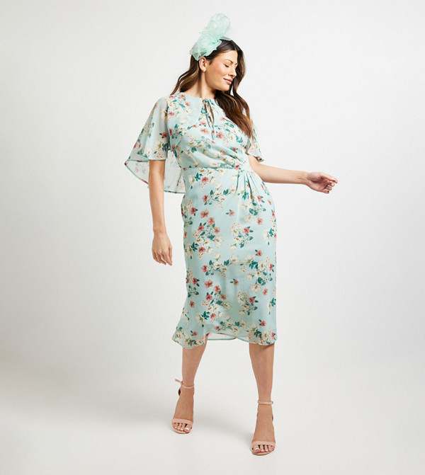 Printed Cape Sleeves Ruched Midi Dress