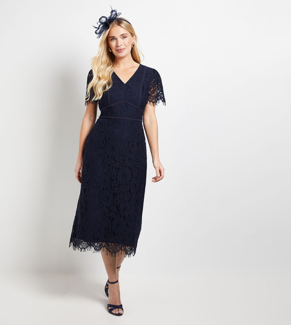 Petite Lace Seam Detail Pencil Midi Dress