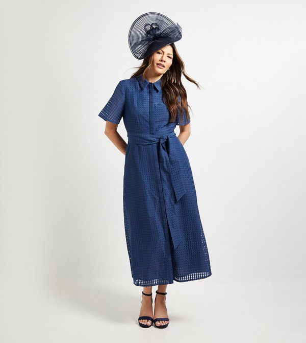 Check Organza Belted Midi Shirt Dress