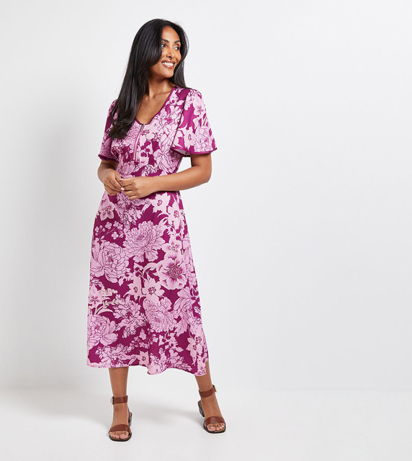 Petite Zip Flare Sleeves Midi Dress