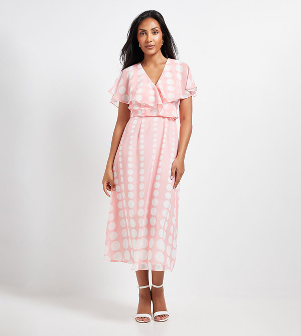 Petite Chiffon Spot Border Cape Sleeves Midi Dress