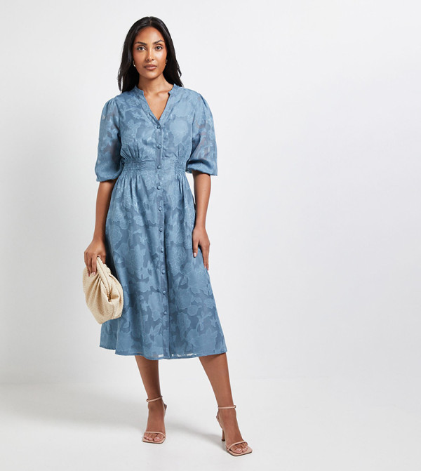 Petite Floral Jacquard Button Midi Dress