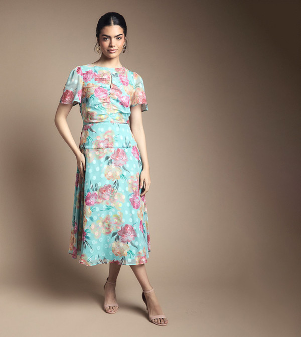 Floral Print Burn Out Ruched Midi Dress