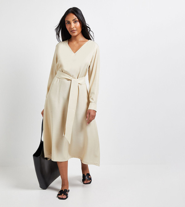 Petite Denim Look Tie Waist Midi Dress