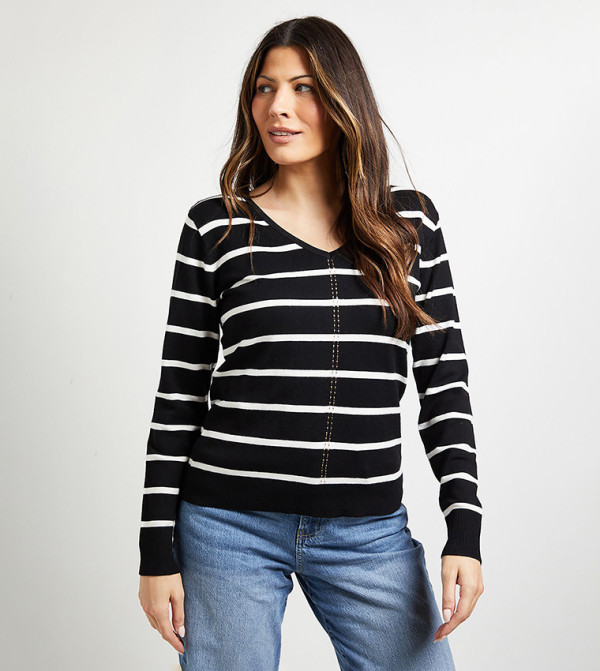 سويتير محبوك مخطط بياقة V