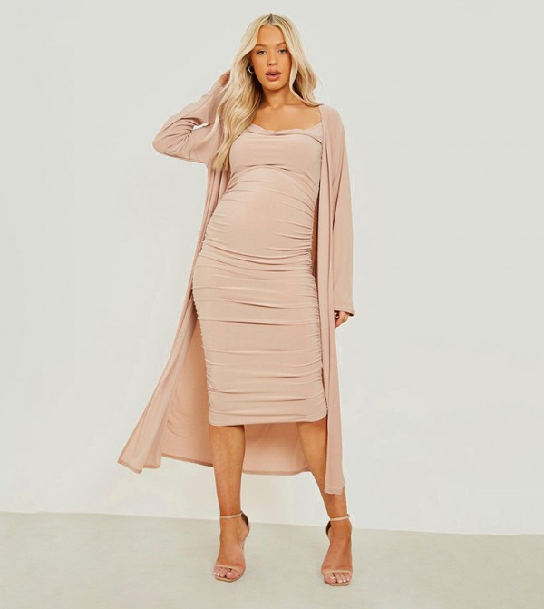 Boohoo Maternity Strappy Cowl Neck Dress And Duster Coat in White