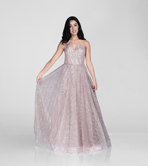 Glittered Strapless Flared Gown