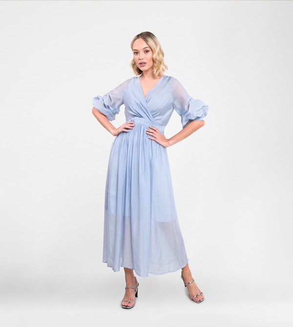 Solid Short Sleeves Wrap Dress