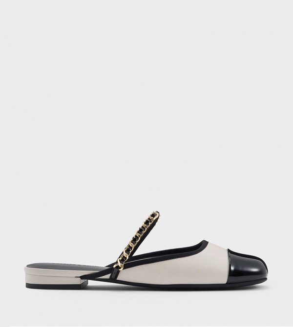 Patent Two Tone Chain Strap Mules
