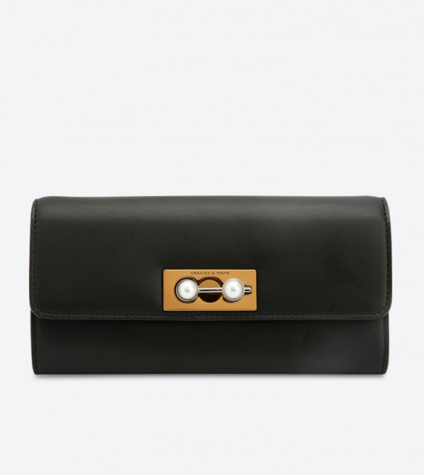 Buy Charles Keith Stone Push Lock Closure Long Wallet Black CK6
