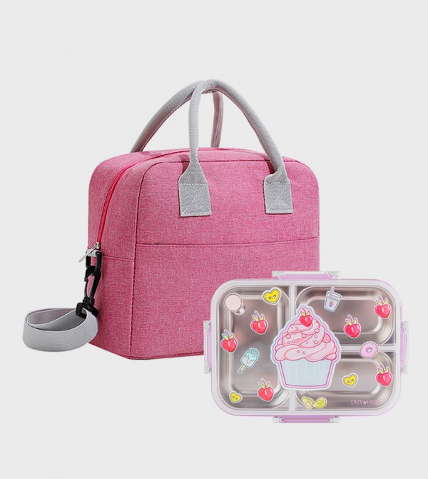 3 Compartment Stainless Steel Bento Lunch Box and Lunch Bag Set - 800ml, Cup Cake