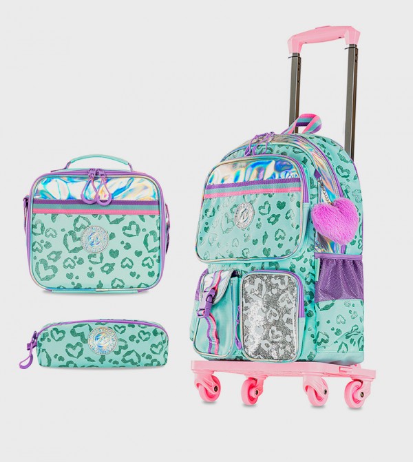 4-Piece Printed 17" 4 Wheel Trolley Backpack Set 