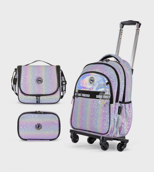 4-Piece Printed 17" 4 Wheel Trolley Backpack Set - Good Vibes