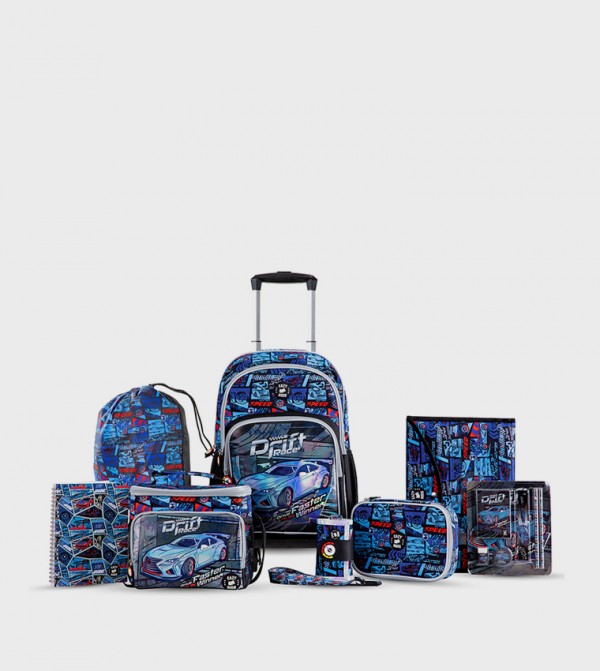9-Piece Printed 18" 4 Wheel Trolley Backpack Set - Car Racing