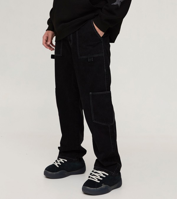 Acid Wash Twill Relaxed Fit Cargo Jeans