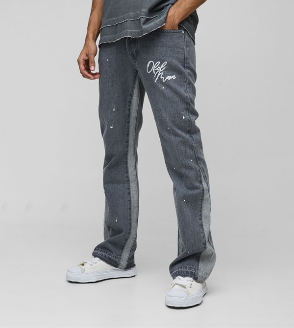 Rigid Flare Embroidery Paint Splatter Slim Fit Jeans
