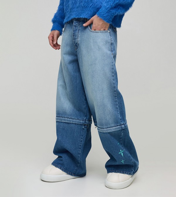 Extreme Rigid Zip Off Leg Cross Embroidery Baggy Jeans