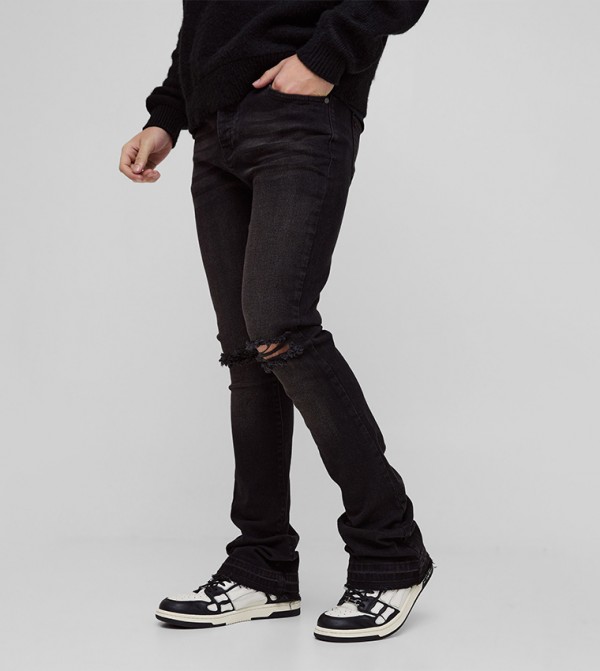 Stacked Flared Ripped Knee Skinny Fit Jeans