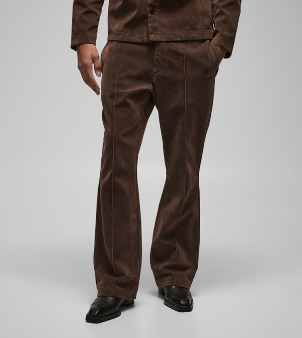 Faux Suede Straight Fit Flared Trousers