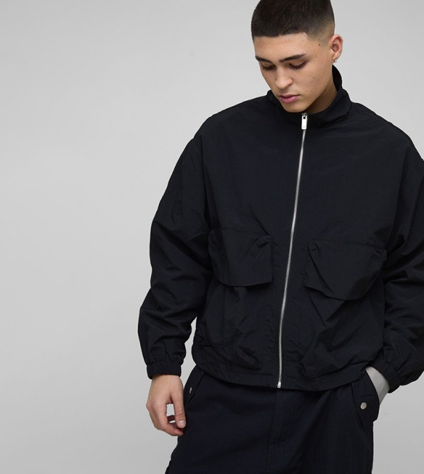 Crinkled Nylon Combat Oversized Track Jacket