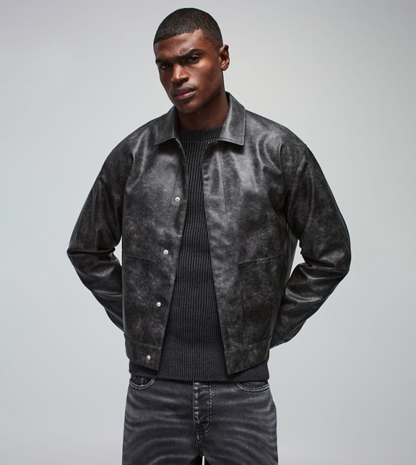 Washed PU Back Pleated Oversized Trucker Jacket